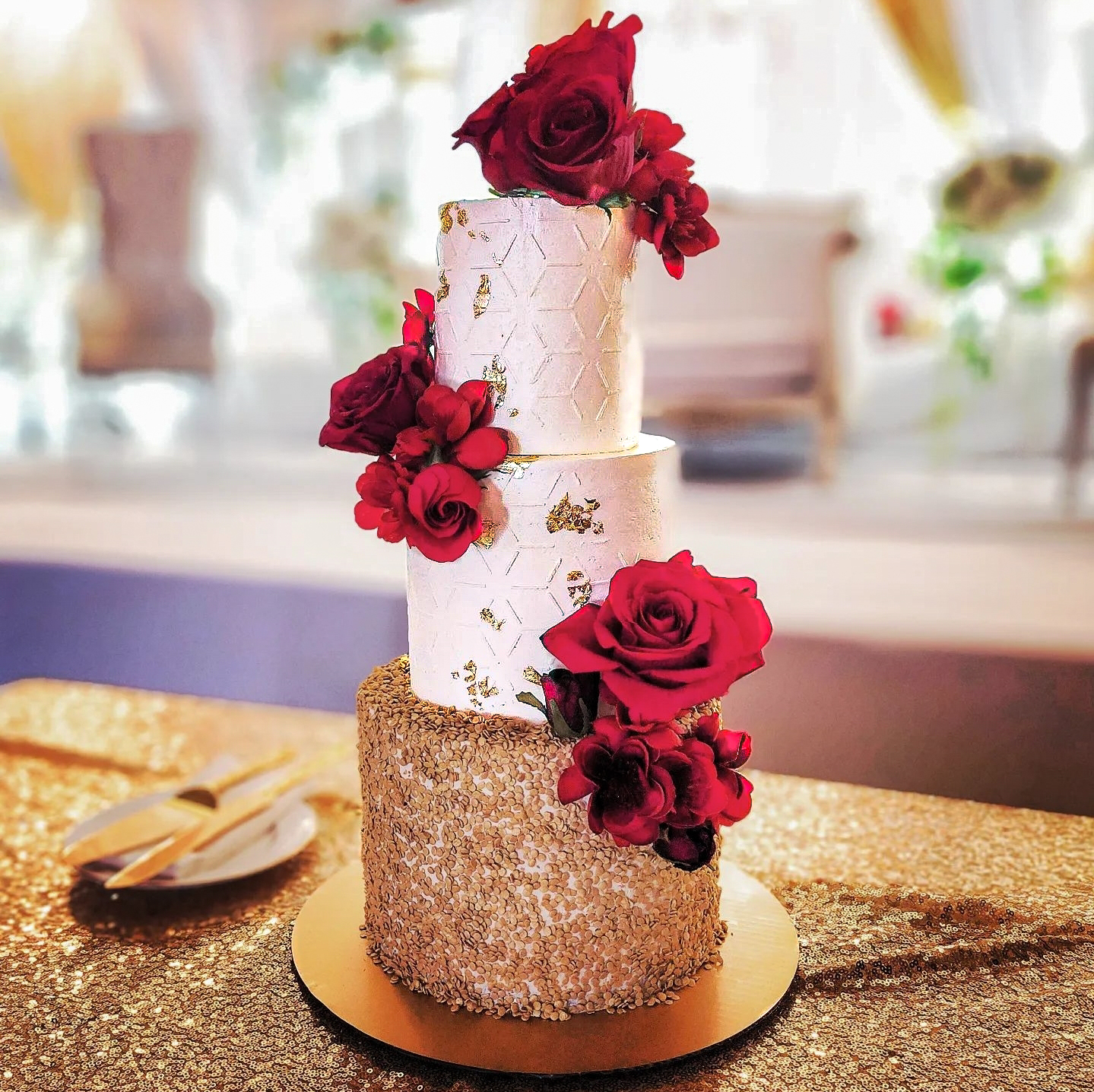 3 Tier Gold White Red Cake