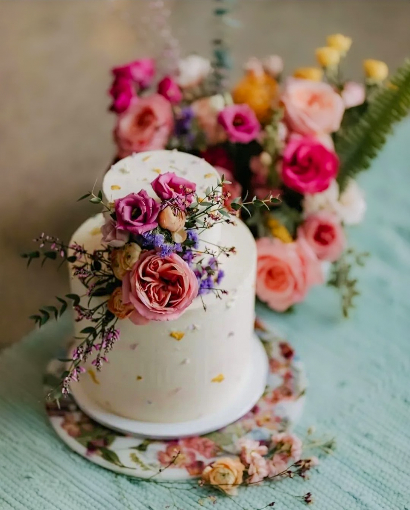 Multicolor Florals Two Tier Wedding Cake