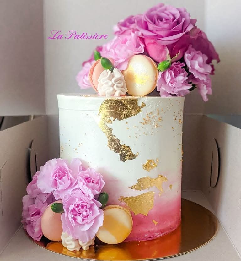 Pink White Gold Floral Cake