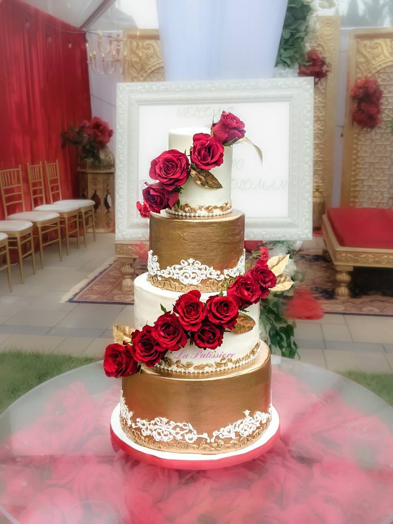 Red Cascade Gold and White Wedding Cake