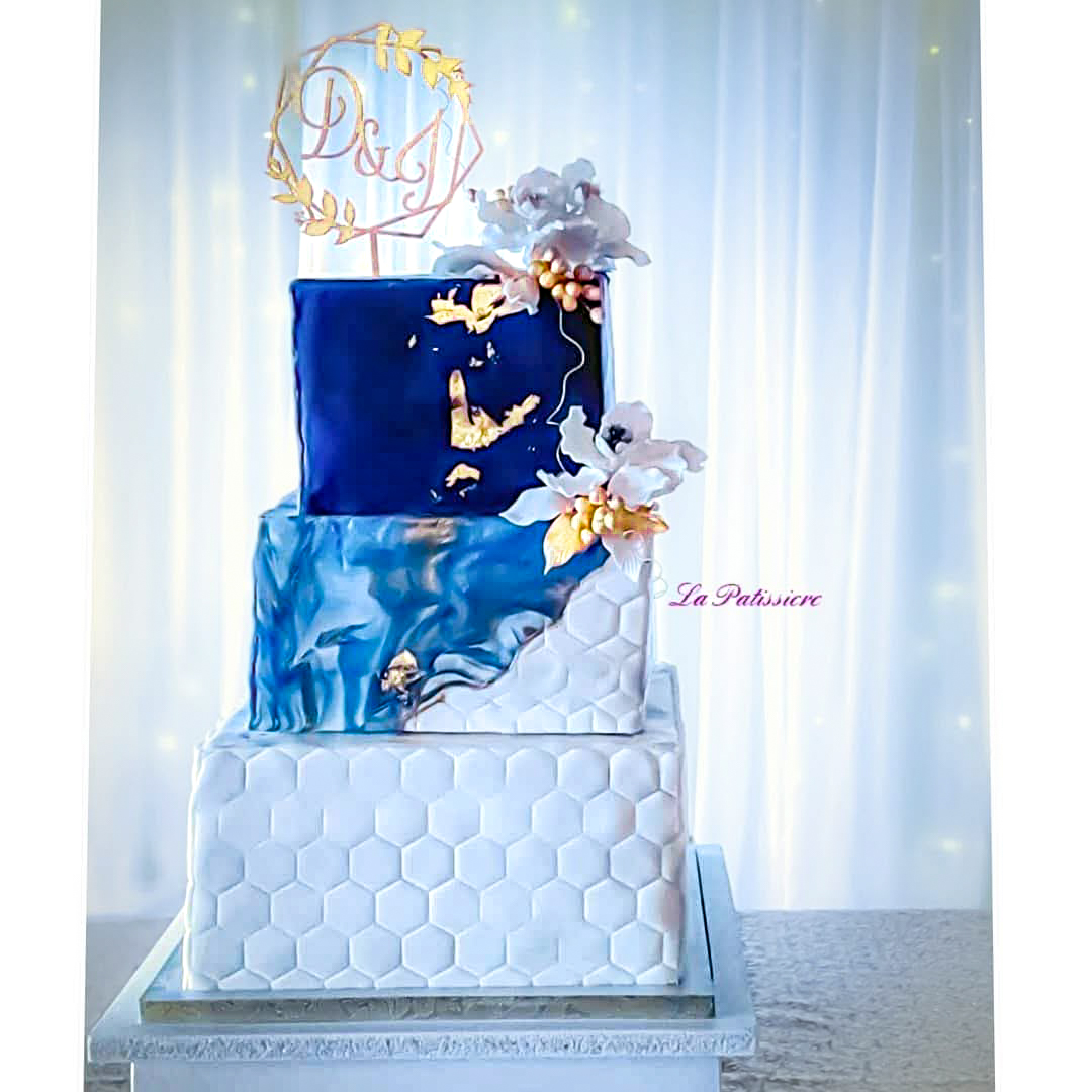 Square 3 Tier Navy Blue Wedding Cake