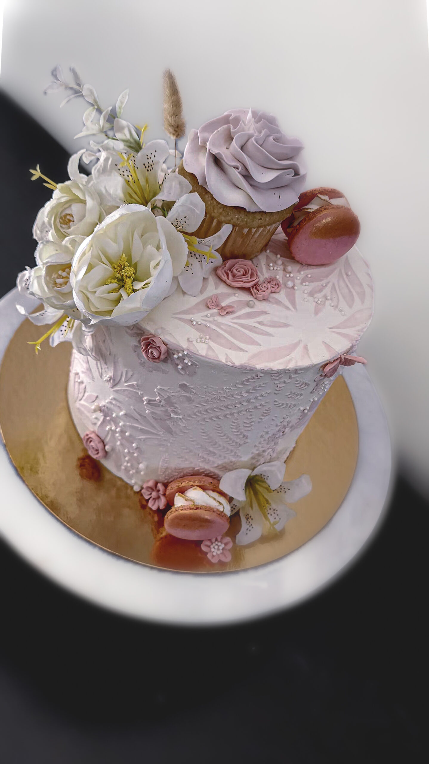 Textured Pink Cake with Cupcake & Macarons
