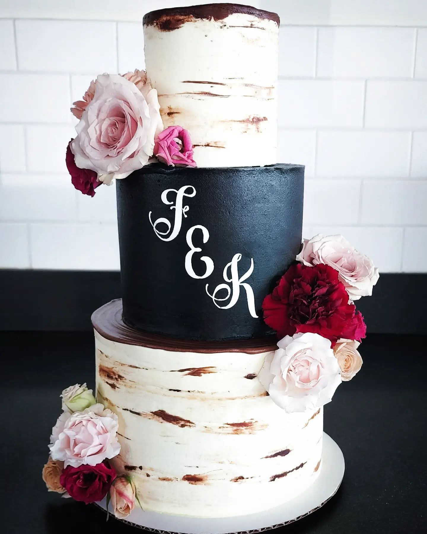 Three Tier Birchbark & Black Wedding Cake