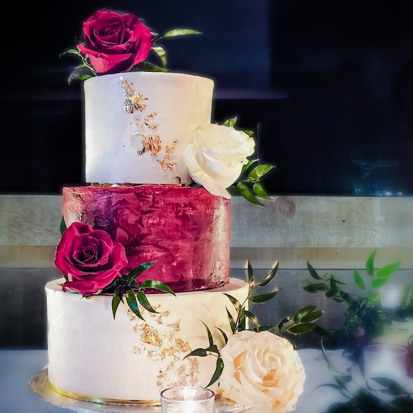 Three Tier Deep Red & White Wedding Cake
